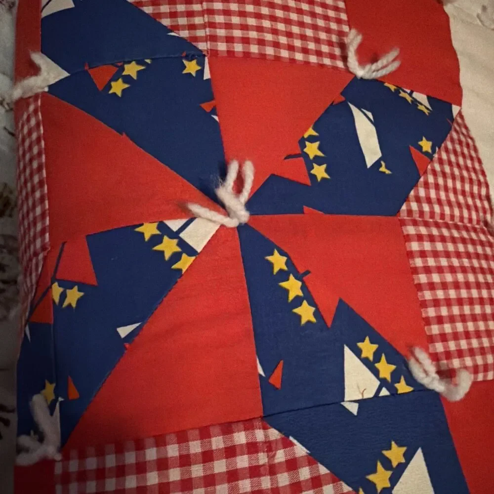Vintage Estate Handmade Pinwheel Red Blocks Patchwork Quilt 94”x 80”. Beautiful!
